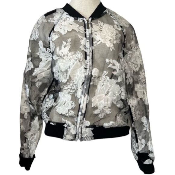 Piace black and white sheer floral zippered jacket size Large - Picture 1 of 8